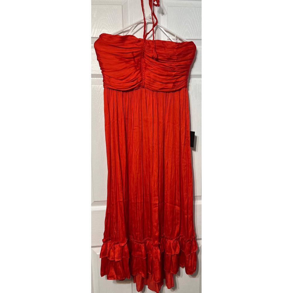 Lulus Red Satin Pleated Halter Midi Dress Ruched Tiered Ruffle Hem NEW